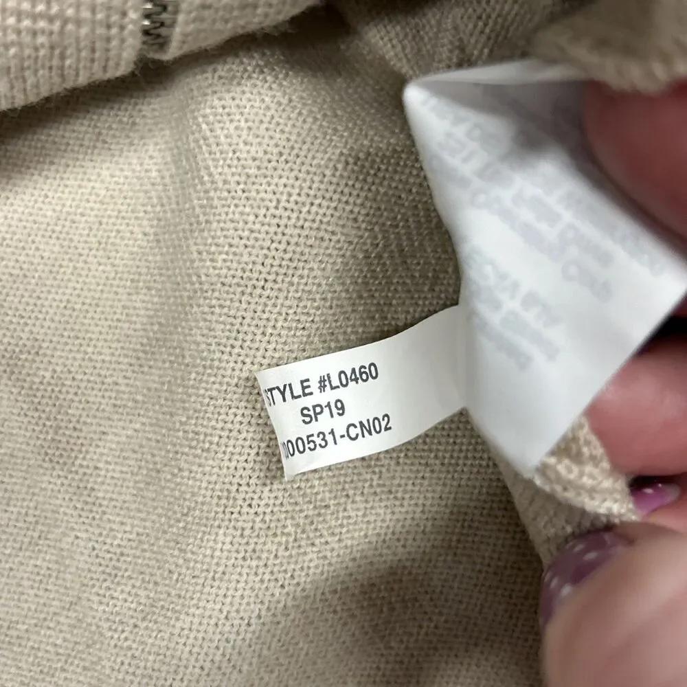 J Crew 100% Merino Wool Full Zip Sweater Mens Large Beige Preppy Pockets
